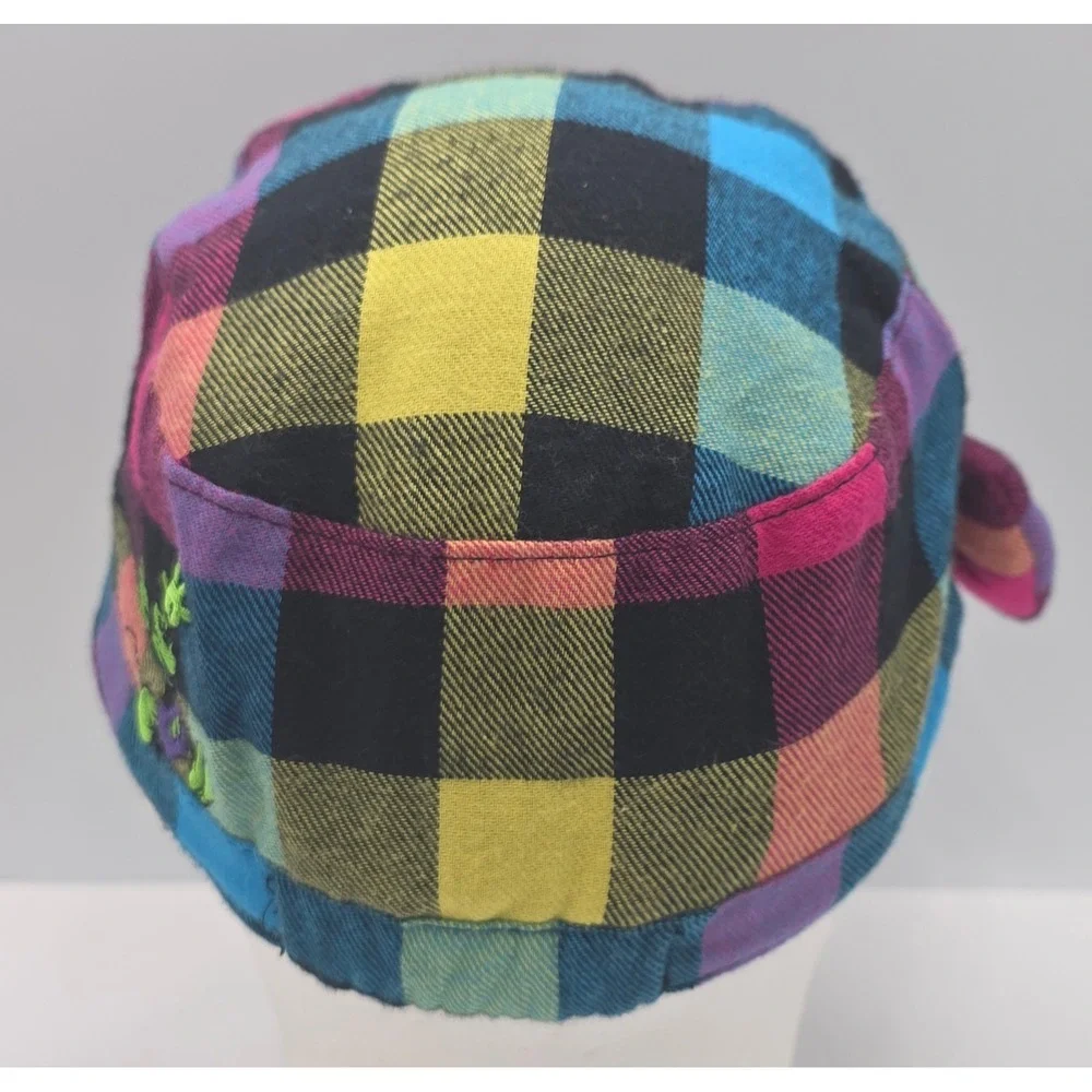 Disney Cadet Hat‎ Adult Size 7 Rainbow Patchwork Plaid Neon Mickey Mouse Bow Cap
